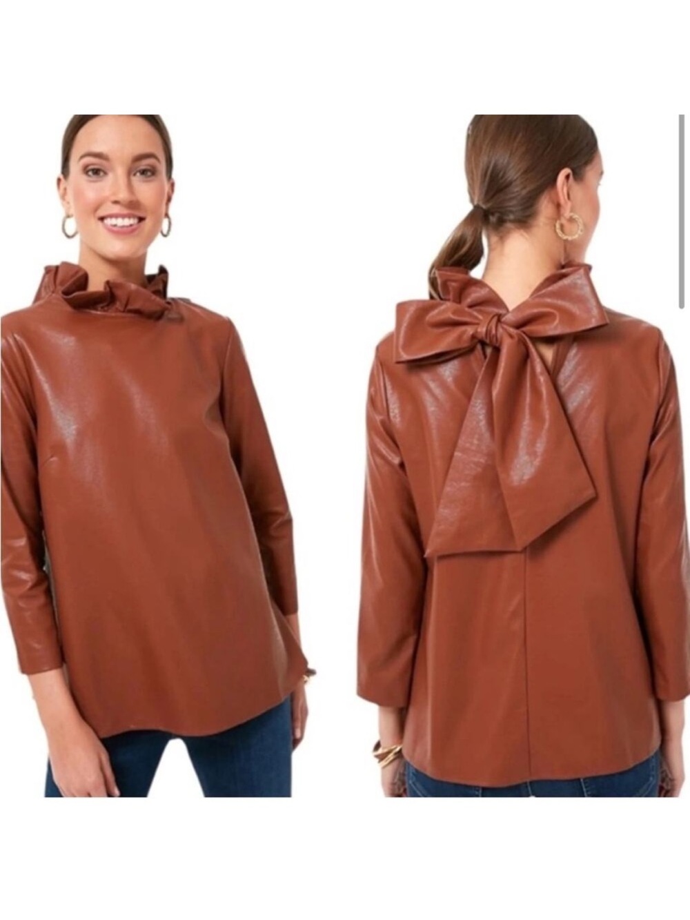 Tuckernuck Cognac Faux Leather Faye Blouse Ruffle Bow Top NWT
